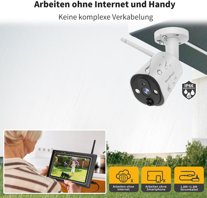 SecuFirst 2K Überwachungskamera Aussen Set mit Innen Monitor,7 Zoll Touchscreen Babyphone mit Kamera