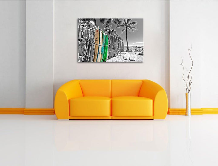 bunter Surfboards am Strand schwarz/weiss Format: 100x70 auf Leinwand, XXL riesige Bilder fertig ger