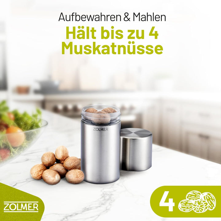 Muskatnuss Mühle mit Vorratsbehälter I Extra scharfes Mahlwerk für feinstes Muskatpulver I Muskatmüh