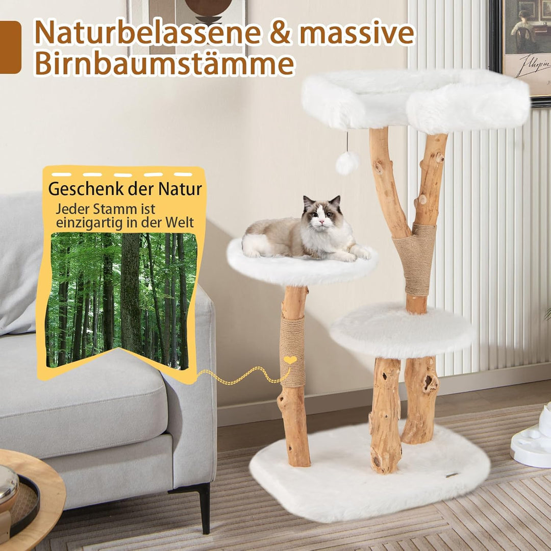 SOARS Kratzbaum Holz, Katzenbaum mit 3 natürlichen Birnbaumstämmen, Katzenbett & Plüschflächen, Katz
