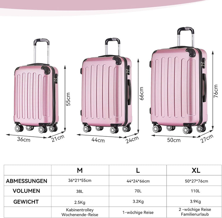 BEIBYE Zwillingsrollen Hardcase Reisekoffer Koffer Trolleys Hartschale in XL-L-M in 14 Farben (Rosa,