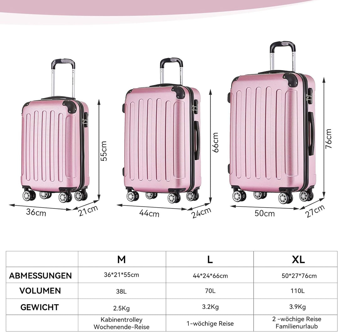 BEIBYE Zwillingsrollen Hardcase Reisekoffer Koffer Trolleys Hartschale in XL-L-M in 14 Farben (Rosa,