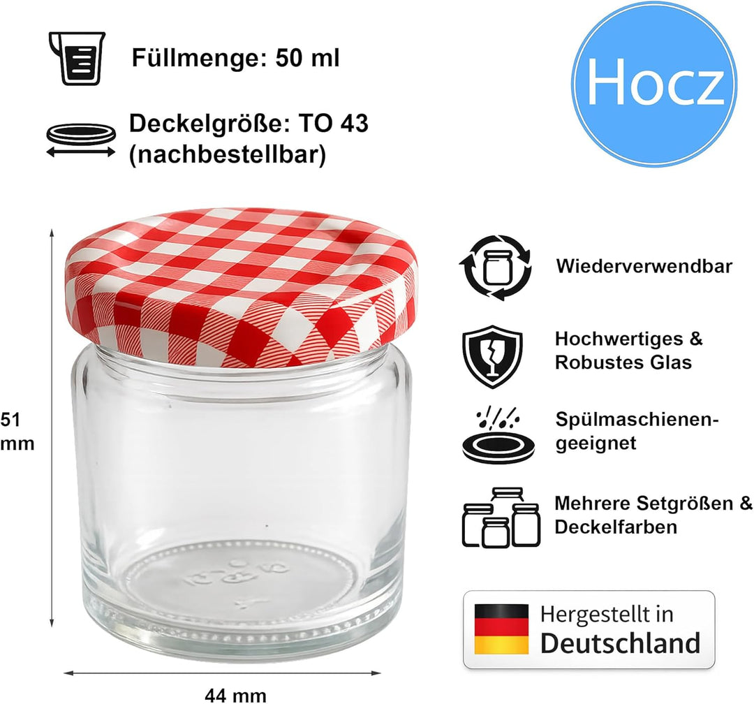 hocz 50x Mini Marmeladengläser 50 ml | mit Deckel Rot Kariert TO 43 | kleine Einmachgläser mit Schra