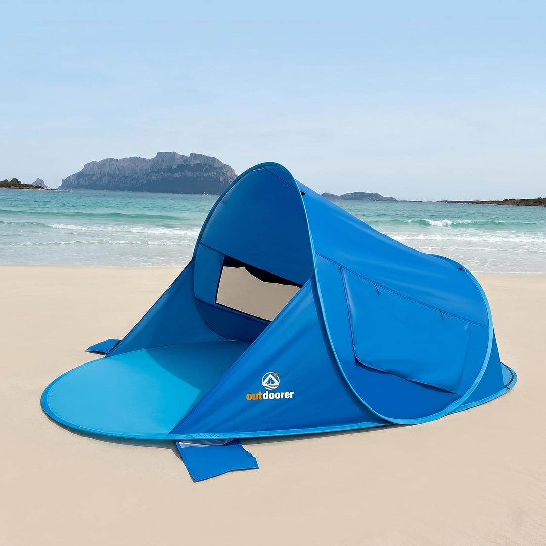 outdoorer UV 80 Pop up Strandmuschel Beach Air, 245x145x100 cm, bestens belüftet, 2 Fenster, 1 versc