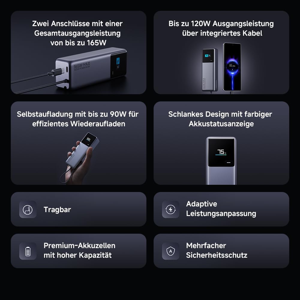 Xiaomi 165W Power Bank 10000mAh, Super Schnellladung|3 USB-C Ports for Multi-Device Charging Power,