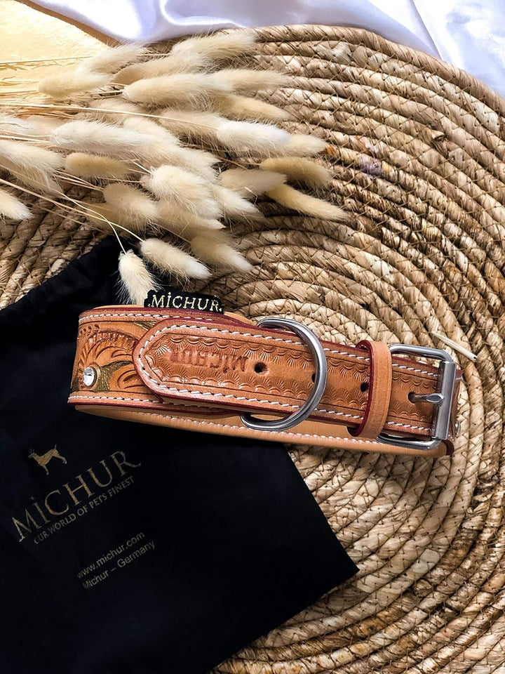MICHUR GoldenEye Hundehalsband Leder, Lederhalsband Hund, Halsband, Leder, BEIGE, Caramel, Braun, Go