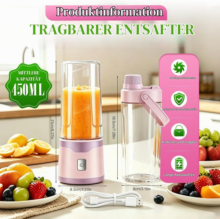Mixer to Go, Tragbarer Schneller Mixer Smoothie Maker, 18-Blatt Edelstahlklingen, 450ml USB-C Wieder