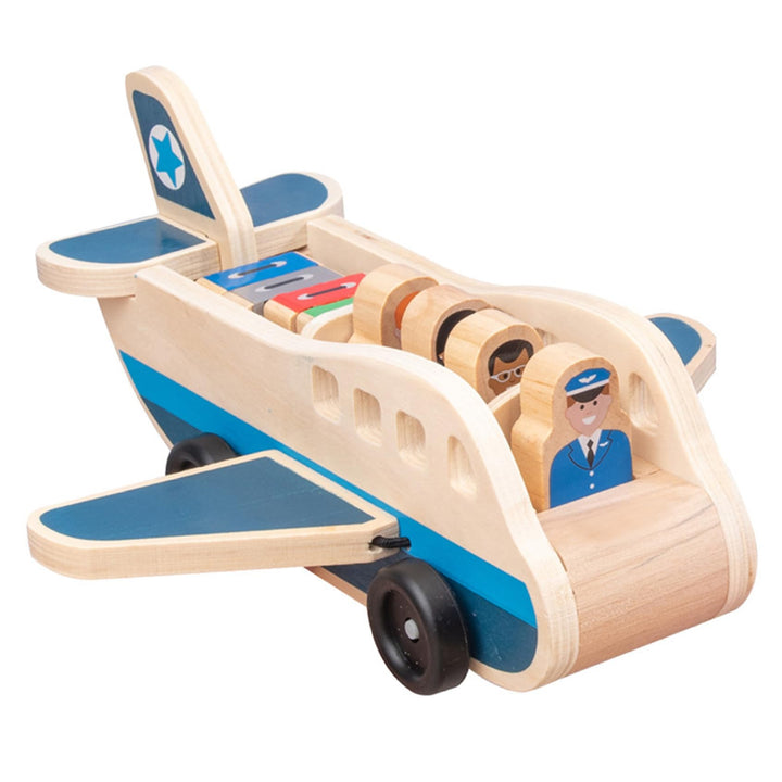 Passagierflugzeug-Set aus Holz, Spielzeugflugzeug mit 4 Spielfiguren und 4 Koffern für Kleinkinder,