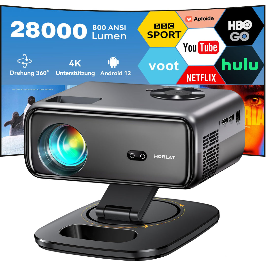 Beamer Kompatibel mit, HORLAT Beamer Unterstützt 4K, 28000 Lumen Full HD 1080P WiFi 6 Bluetooth, Aut