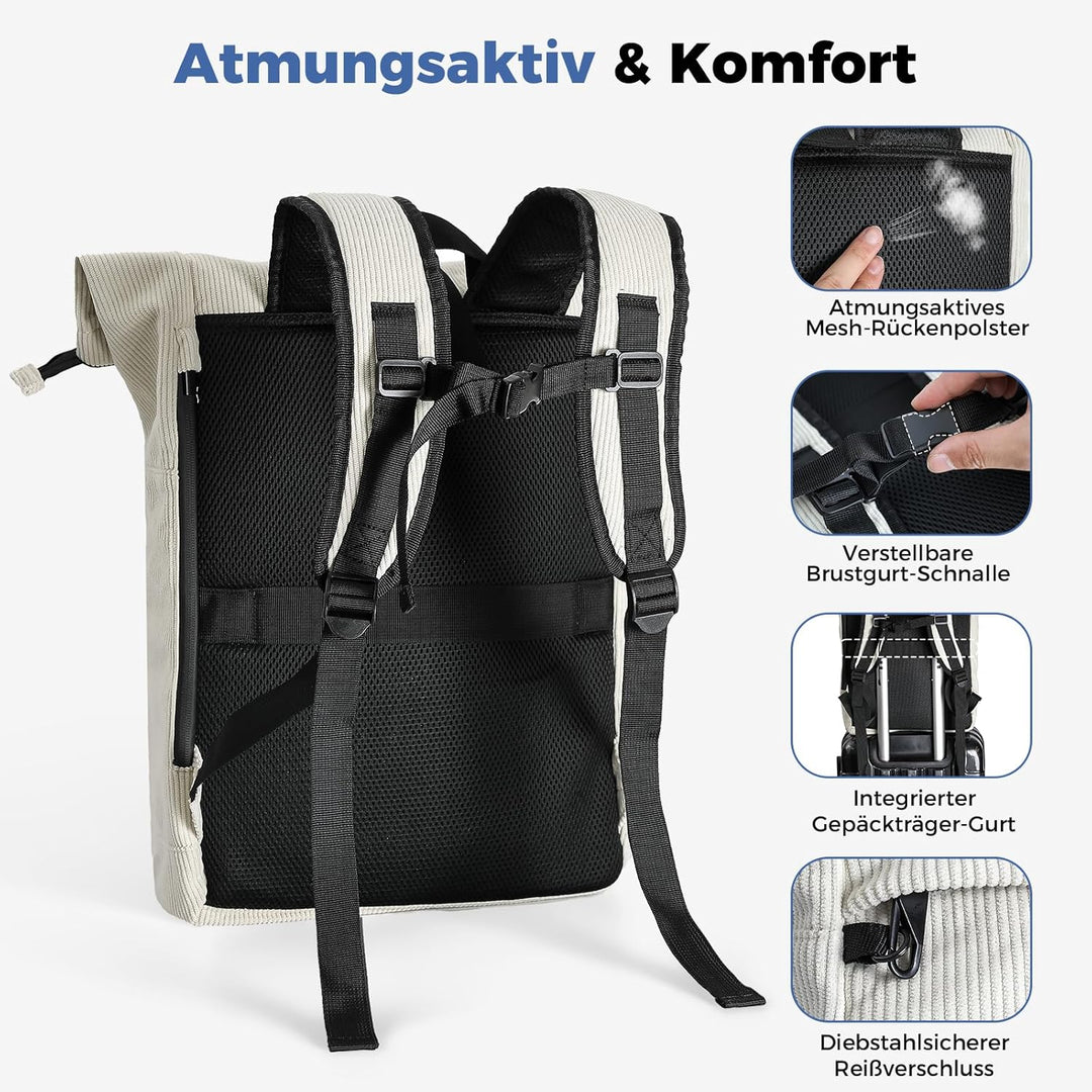 Cord Rucksack, Laptop Rolltop Rucksack für Herren & Damen Mit Diebstahlsichere Reissverschluss, Erwe