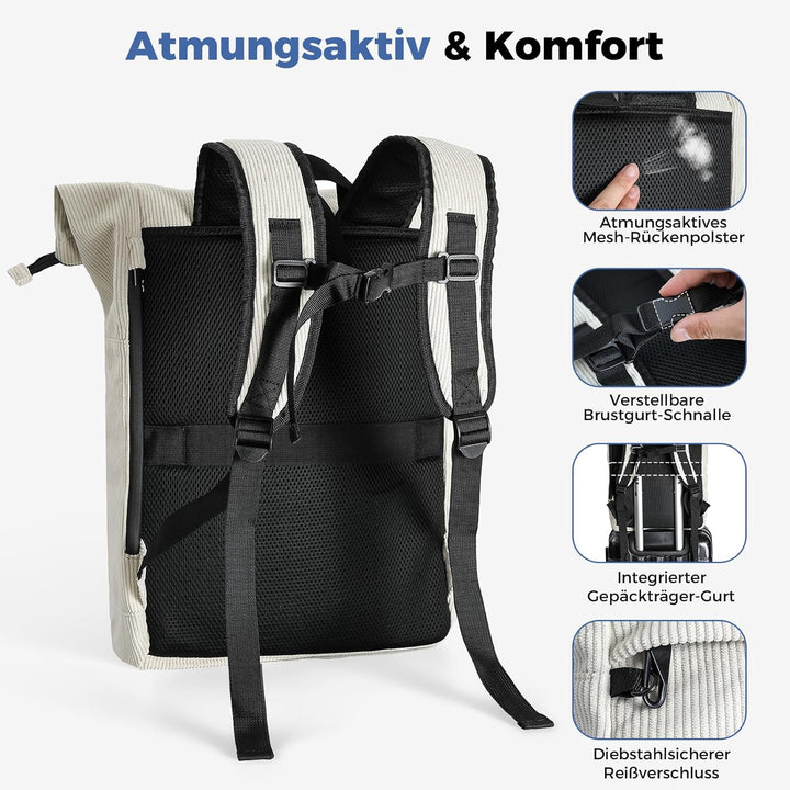 Cord Rucksack, Laptop Rolltop Rucksack für Herren & Damen Mit Diebstahlsichere Reissverschluss, Erwe