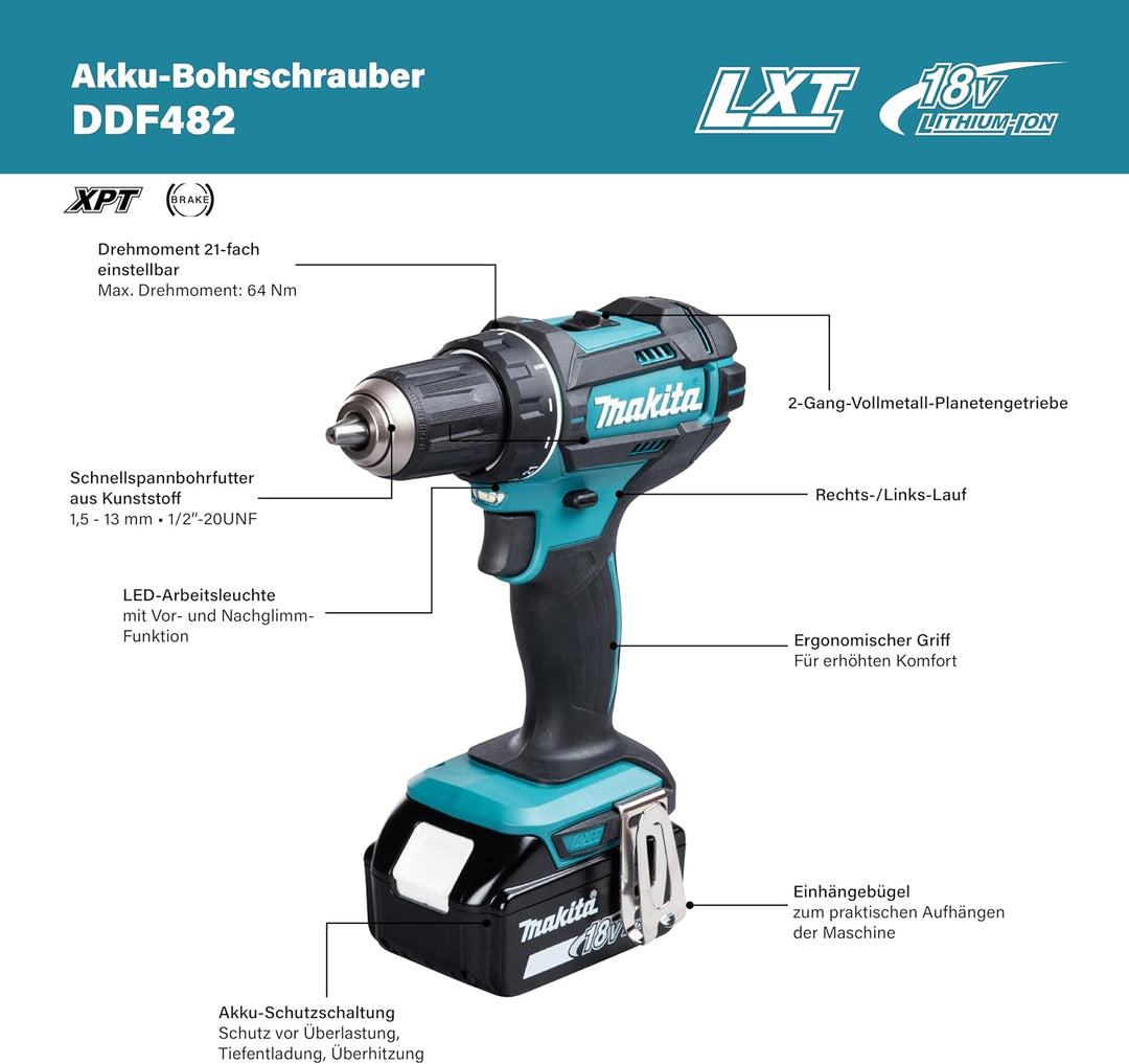 Makita DDF482RFJ Akku-Bohrschrauber 18V / 3,0 Ah, 2 Akkus + Ladegerät im MAKPAC Basic