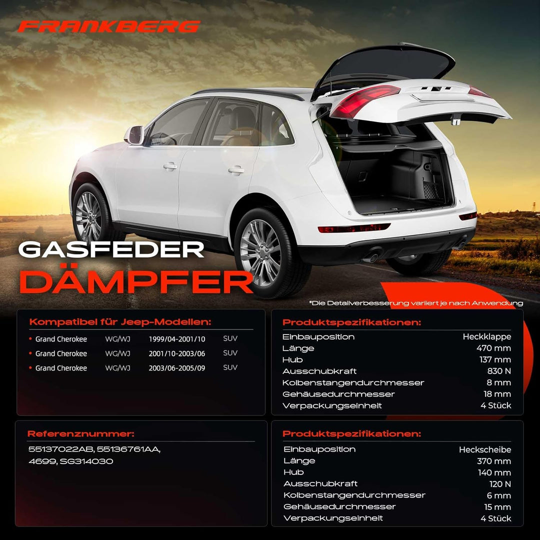 Frankberg 4x Gasfeder Dämpfer Heckklappe Heckscheibe Kompatibel mit Grand Cherokee WG WJ Alle Motore