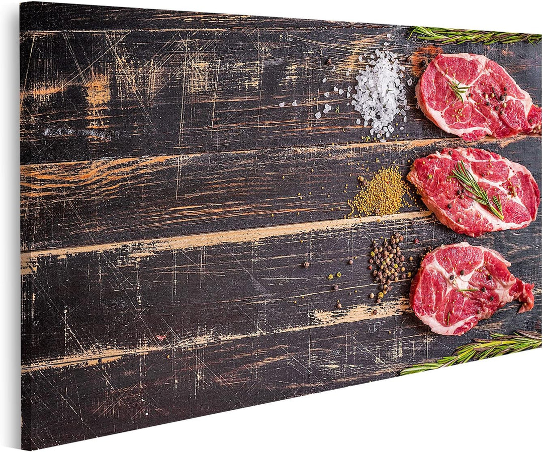 islandburner Bild auf Leinwand Rohes Fleisch Steak Gewürze Auf Dunklem Holzuntergrund Bilder Wandbil