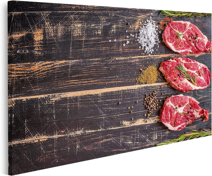 islandburner Bild auf Leinwand Rohes Fleisch Steak Gewürze Auf Dunklem Holzuntergrund Bilder Wandbil