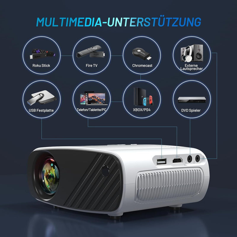 Beamer, ELEPHAS Mini Beamer Full HD 1080P, 13000 Lux Beamer 4k Mit Stativ und Transporttasche, Proje