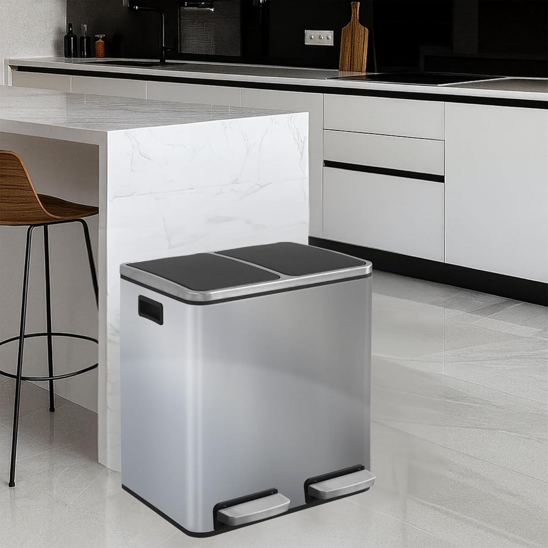 casa pura Mülleimer Küche 2×15L Edelstahl | 2-Fach Mülltrennsystem, Treteimer Küche, Metall, Soft-Cl