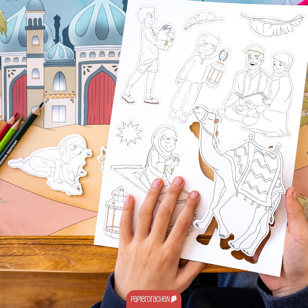 Papierdrachen Bastelbox Ramadan - Komplettes Set ab 3 Jahren – Inkl. Buntstifte & Kleber – Kreatives