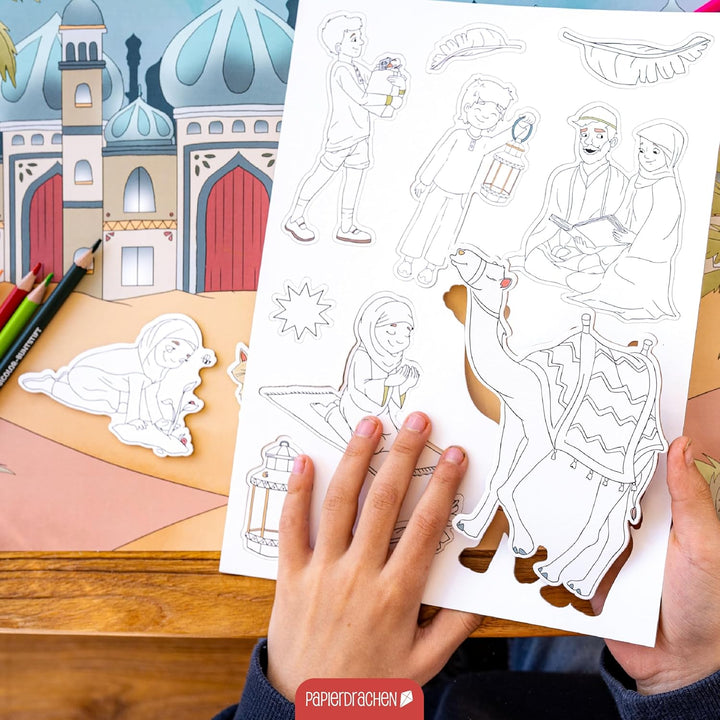 Papierdrachen Bastelbox Ramadan - Komplettes Set ab 3 Jahren – Inkl. Buntstifte & Kleber – Kreatives