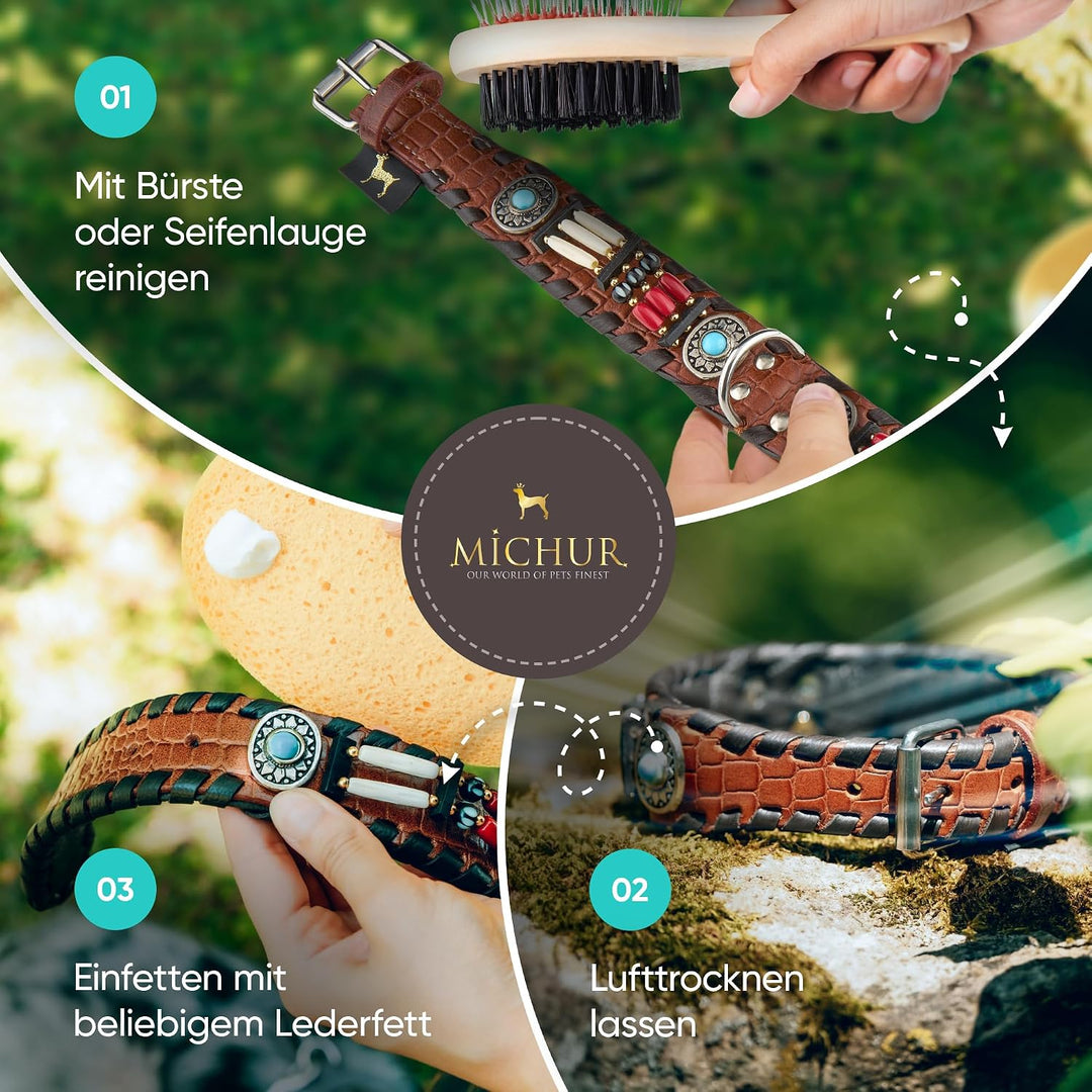 MICHUR Carlota Halsband Indianer, Hundehalsband Leder Braun, Lederhalsband Hund, Halsband, MIT TÜRKI