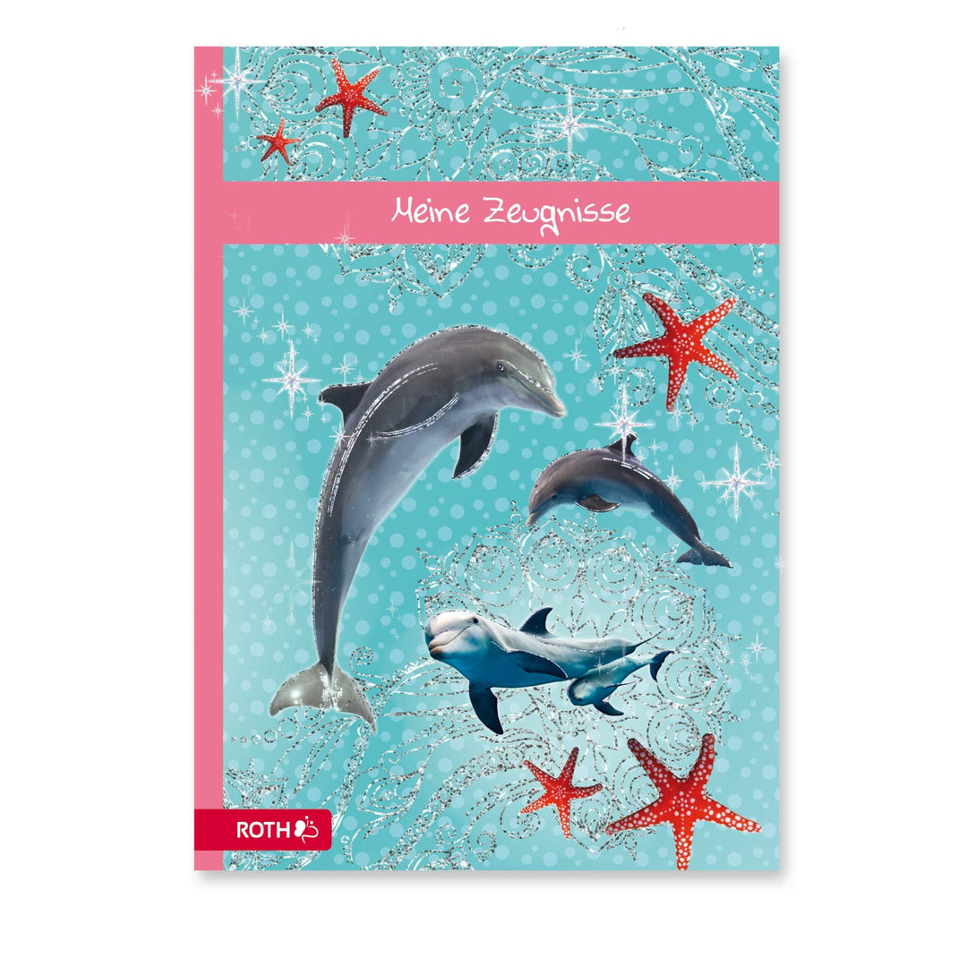 ROTH Zeugnismappe Delfin mit Glitzereffekt - mit 10 A4 Klarsichthüllen, dokumentenecht - Dokumentenm
