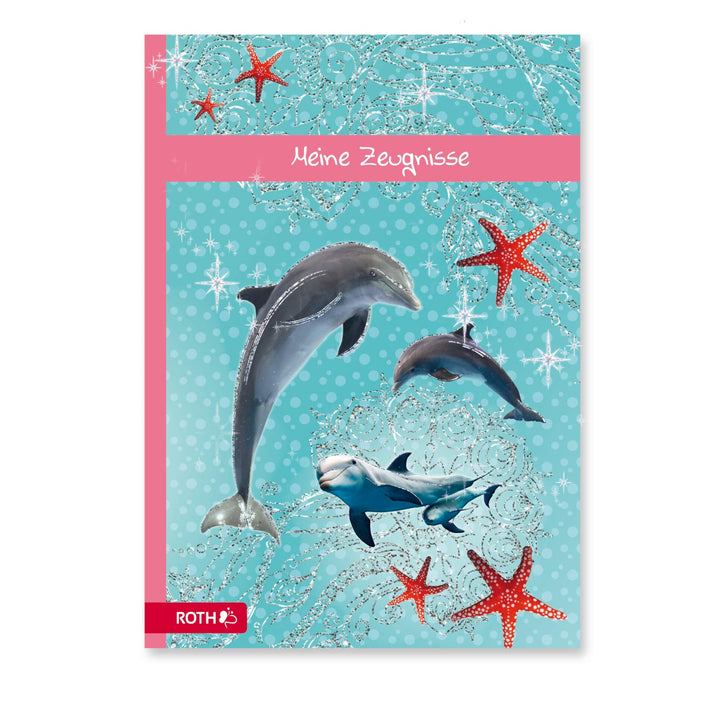 ROTH Zeugnismappe Delfin mit Glitzereffekt - mit 10 A4 Klarsichthüllen, dokumentenecht - Dokumentenm