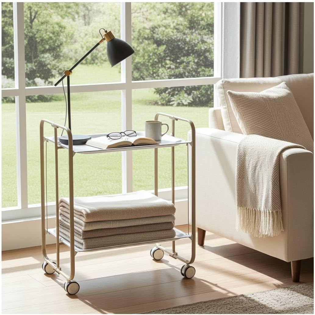 DON HIERRO - Servierwagen Sandfarbe, klappbar, 2 Böden. Rollwagen Bauhaus-Weiss 66 x 43 x 72 cm. Bia