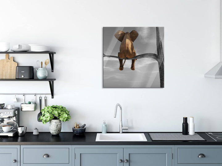 Pixxprint Glasbild | Wandbild auf Echtglas | Elefant auf einem Ast in der Wüste | 60x60 cm | inkl. A