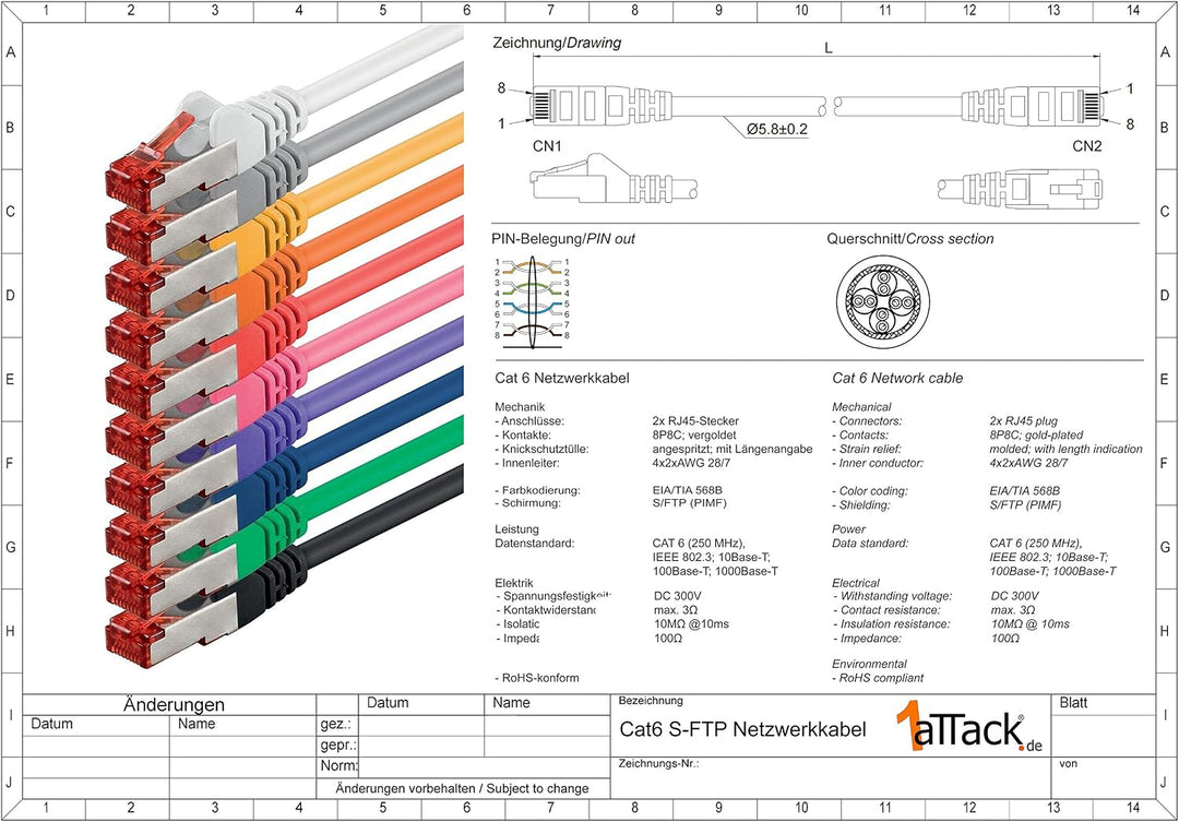 10x 5m - Cat 6 Netzwerk-Kabel Patch-Kabel Cat6 RJ45 SFTP - 10 Farben 5,0 Meter 10 Farben, 5,0 Meter