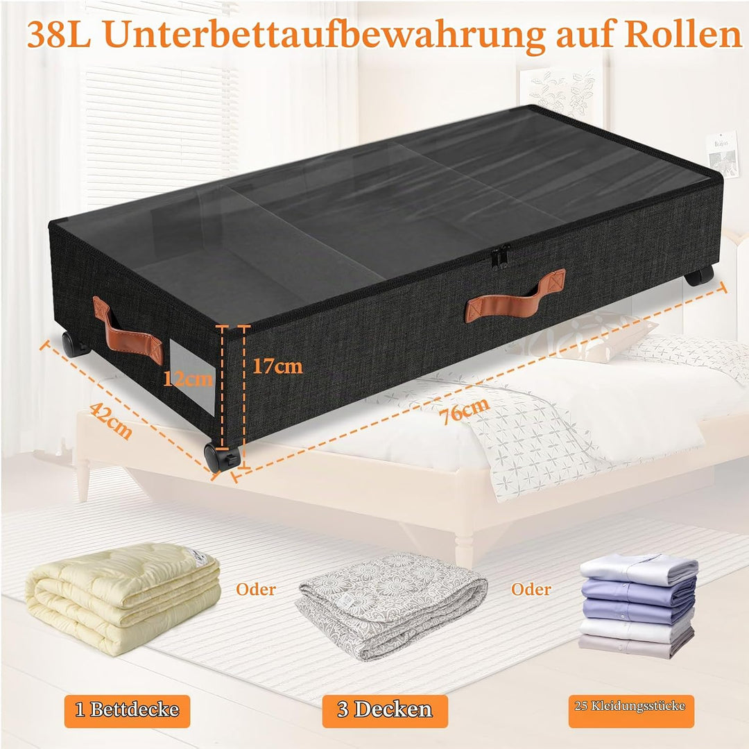 Unterbett Aufbewahrungsbox mit Rollen, 2 Stück 38L Gross Unterbett Aufbewahrung mit Deckel Metallrah