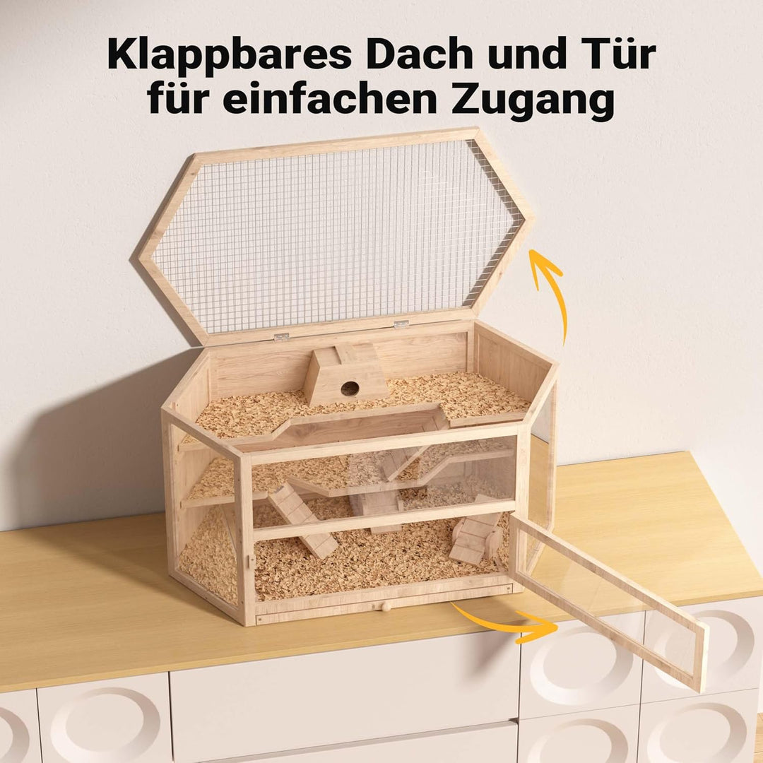 Wiltec XXL 3 Etagen Nagerkäfig, 6-eckig, 1150 x 600 x 580 mm, aus Holz, mit klappbarem Deckel & Sich
