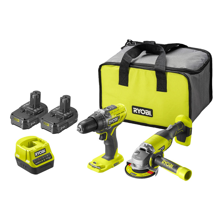 RYOBI - Combo 2 Werkzeuge: 1x Bohrschrauber R18DD3-0 + 1x Winkelschleifer 115mm R18AG-0 + 2x Akku 2,