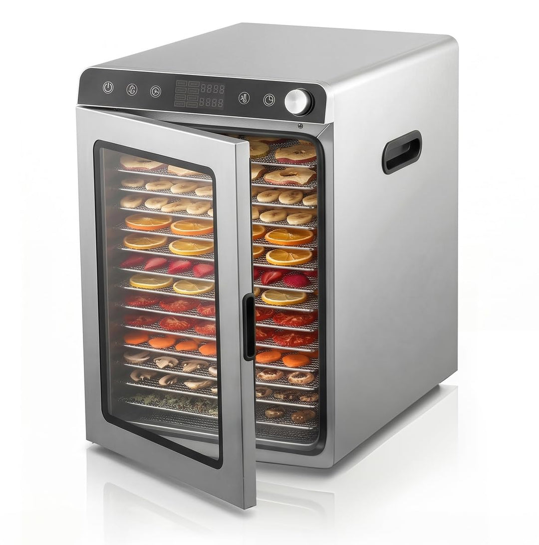Arendo - Dörrautomat Edelstahl mit 16 Edelstahlgitter - 1000 Watt - 13400 cm² - 8 Programme - Dörrge