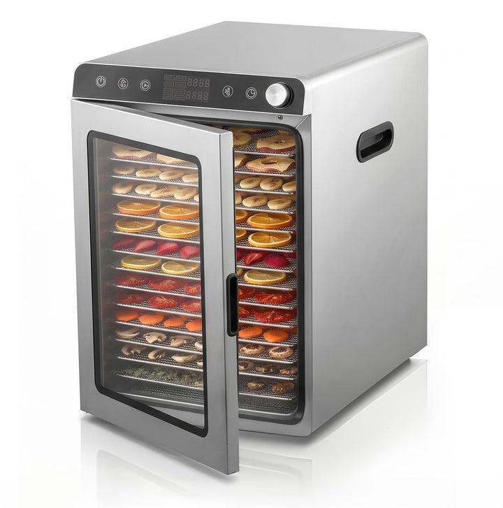 Arendo - Dörrautomat Edelstahl mit 16 Edelstahlgitter - 1000 Watt - 13400 cm² - 8 Programme - Dörrge