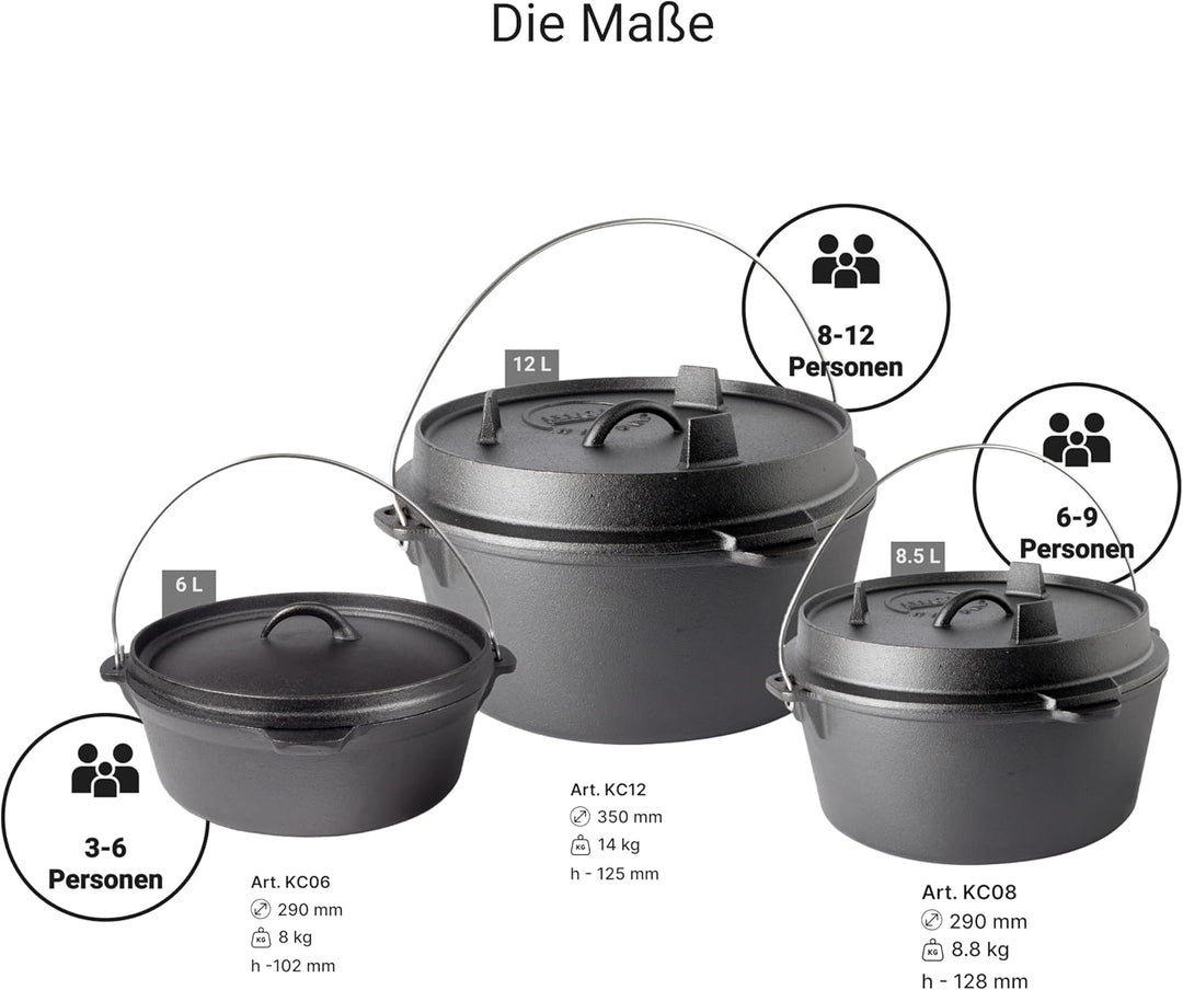 BIOL Dutch Oven 8,5 Liter aus Gusseisen – Eingebrannter Feuertopf mit Deckelheber und Doppelfunktion
