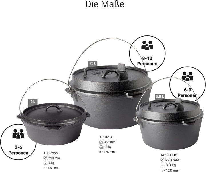 BIOL Dutch Oven 8,5 Liter aus Gusseisen – Eingebrannter Feuertopf mit Deckelheber und Doppelfunktion