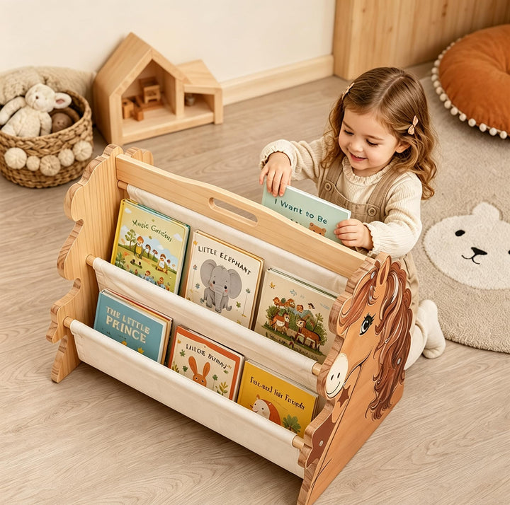 Montessori Bilderbuchregal Kinder Doppelseitig, 4 Stoff-Fächer