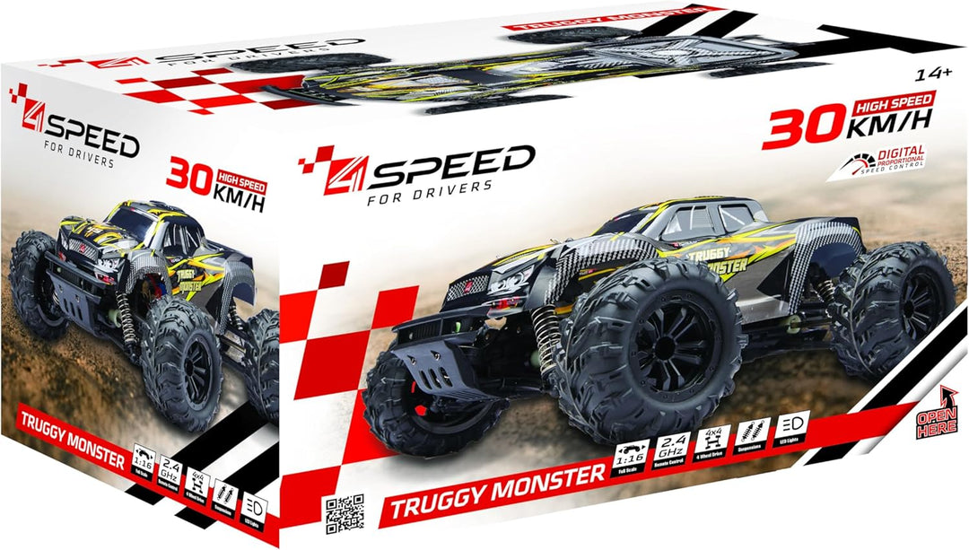 4Speed - Truggy Monster 1:16 – Ferngesteuerter Truggy bis 30 km/h – Überschlagssichere Räder – Vorde