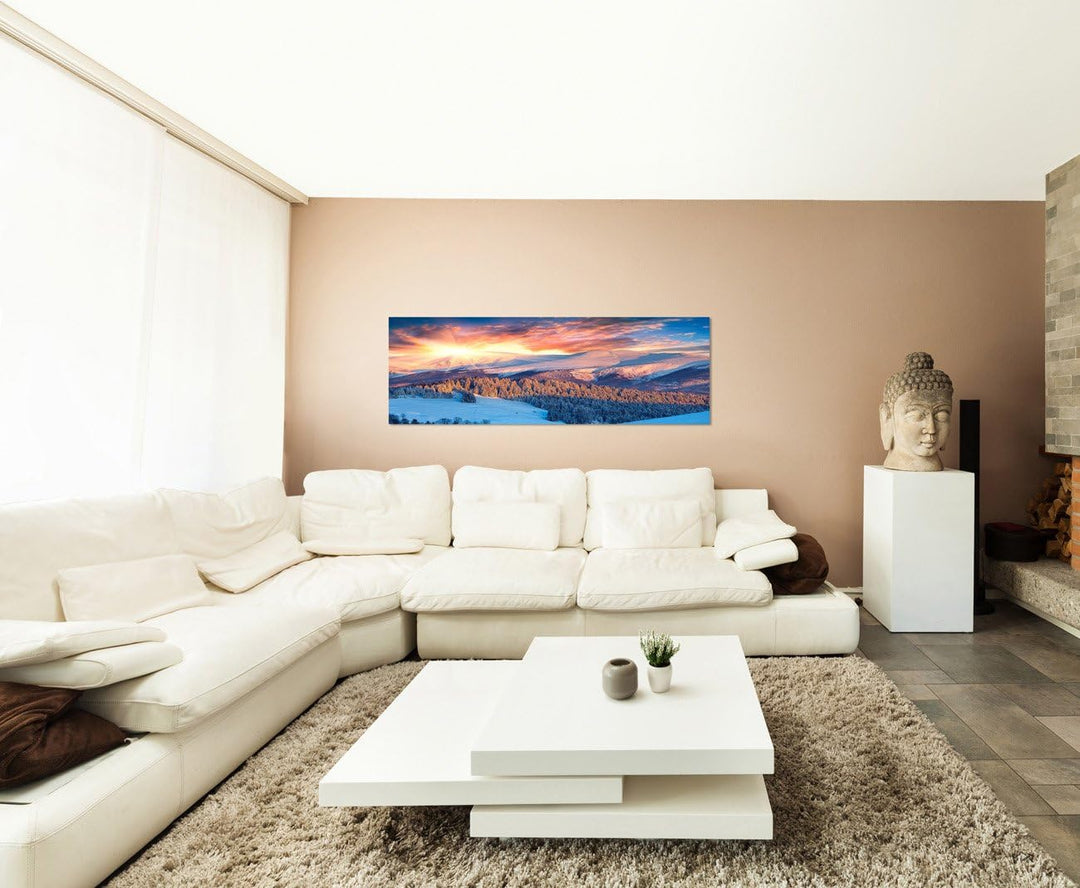 Paul Sinus Art Panoramabild auf Leinwand und Keilrahmen 150x50cm Berge Wald Schnee Wolken Sonnenaufg