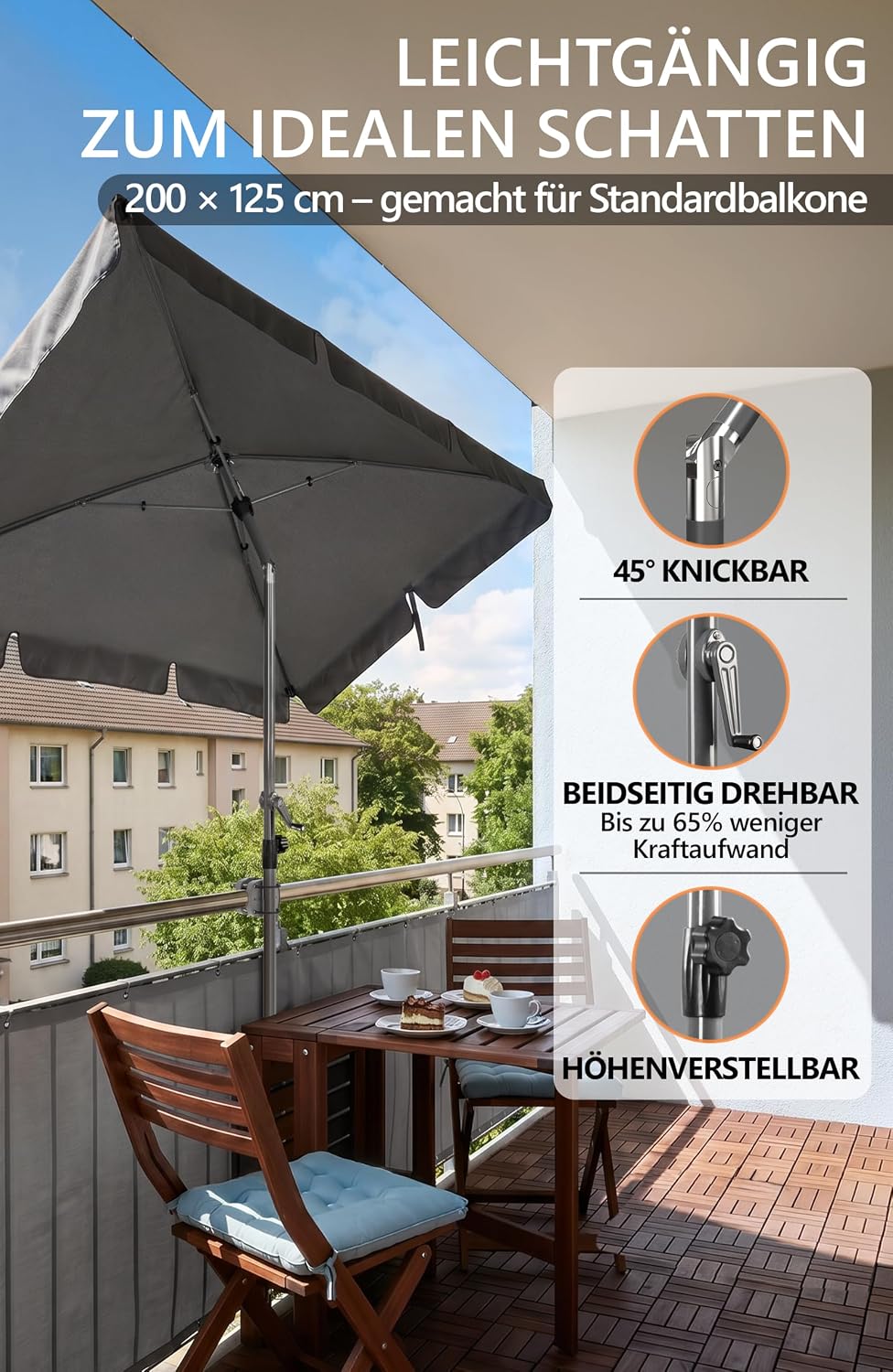 Menz SunnyShade Balkonschirm Roma mit Schutzhülle, Anthrazit, Sonnenschirm Balkon 200x125 cm, Sonnen