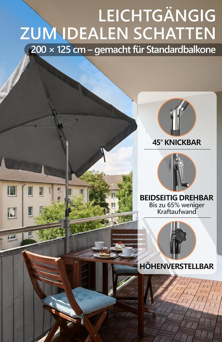 Menz SunnyShade Balkonschirm Roma mit Schutzhülle, Anthrazit, Sonnenschirm Balkon 200x125 cm, Sonnen