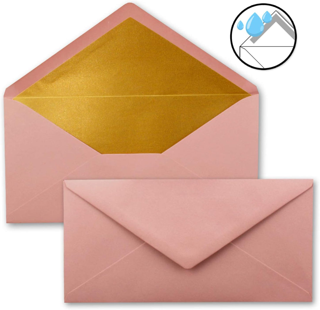 75 Brief-Umschläge DIN Lang - Altrosa (Rosa) mit Gold-Metallic Innen-Futter - 110 x 220 mm - Nasskle
