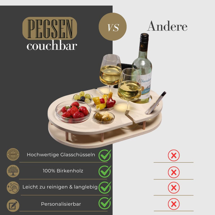 Couchbar Weinbar in Weiss mit 4 Glasschalen | PERSONALISIERBAR | Snackbox für Wein mit Getränkehalte