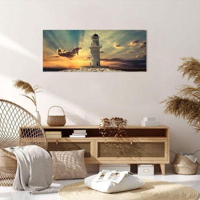 Wandbilder Dekoration Wohnzimmer Leuchtturm Wasser Meer Steine Panorama Bilder auf Leinwand 120x50cm