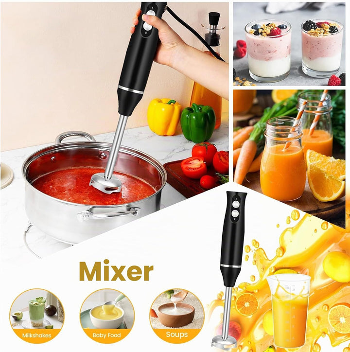 4-in-1 Stabmixer Edelstahl 500W, Pürierstab mit 2 Geschwindigkeiten, Hand Blender Set mit Schneebese