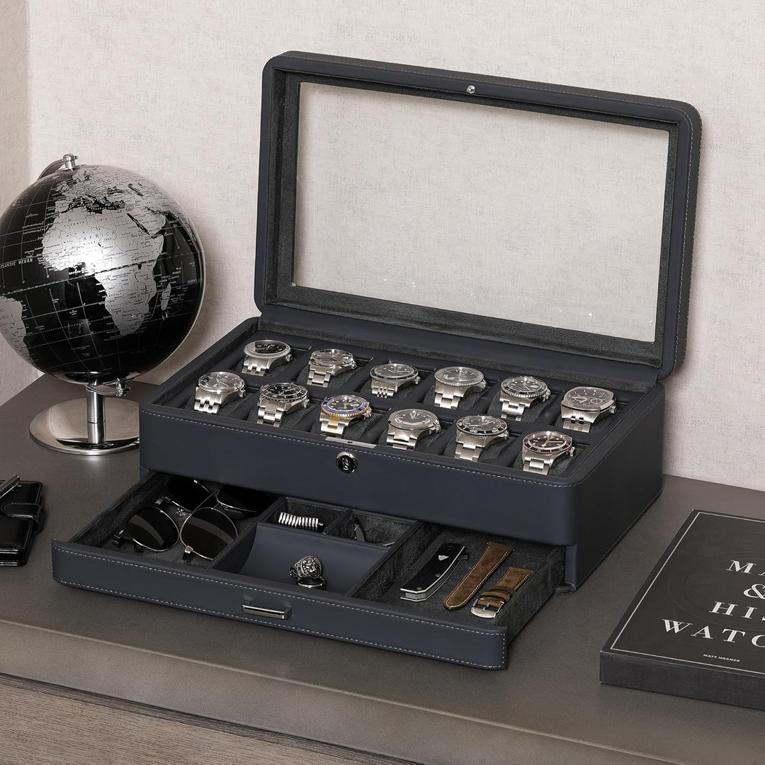 ROTHWELL Luxus Uhrenbox für 12 Uhren - PU Leder Uhrenbox mit Echtglasdeckel - Ausziehbare Zubehörsch