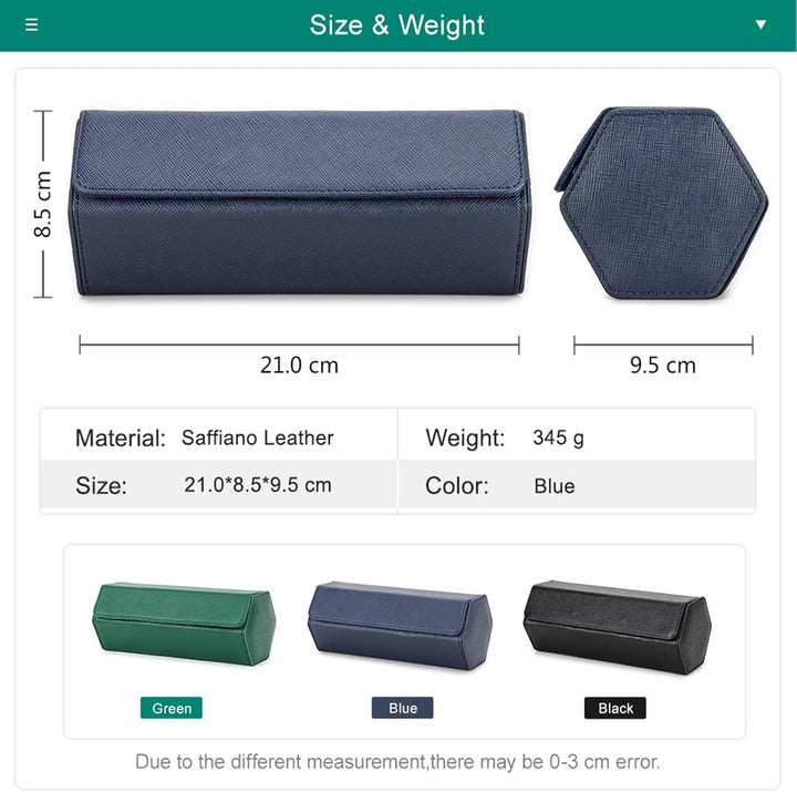 Hiram Uhrenrolle, echtes Leder, sechseckig, Uhrenetui für 3 Uhren, schützende Uhren-Aufbewahrungsbox