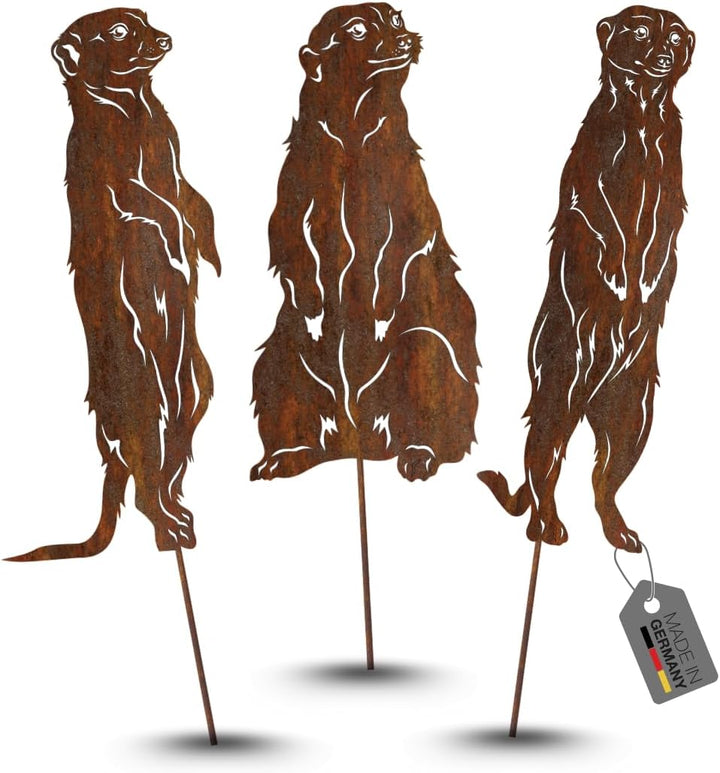 Terma Rostfigur Gartenstecker Set Erdmännchen 40–45 cm – Deko Tierfigur aus Metall mit Spiess – Rost