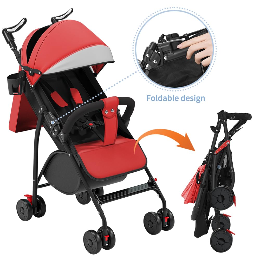 Kinderwagen mit Verstellbarem Schiebegriff, 4-Rad Liegebuggy ab 0–4 Jahre, Höhenverstellbar, Leicht