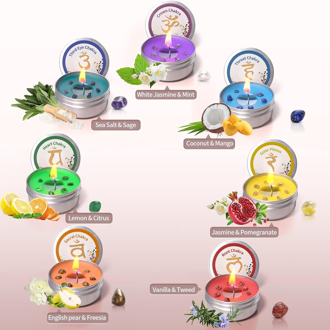 Chakra Kerzen 7er-Set, Meditationskristall-Duftkerzen-Geschenkset für Frauen, spirituelle Heilkerzen